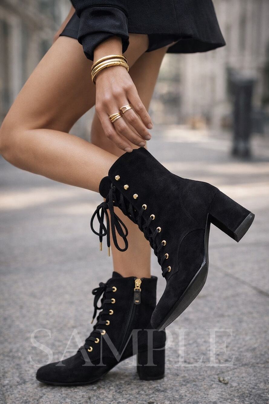 Stuart Weitzman Black Suede Lace-Up Ankle Boots Gold Studs Block Heel EU39.5 US9